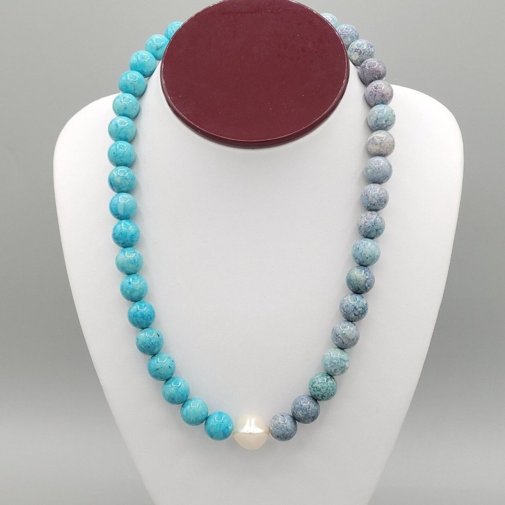 Womens Blue Quartz Howlite Round Gemstone Handmade Necklace Toggle Closure 18 in